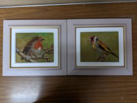 David Gainford - a pair of bird studies, Robin and Goldfinch each perched on a branch, oil on