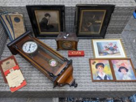A mixed lot to include a walnut and ebonized cased Vienna style regulator wall clock with
