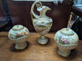 A Victorian Royal Worcester jug, ornate scrolled leaf handle, fern and woodland foliage decoration