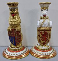 A pair of Minton Mulberry Hall York Queens Beasts pattern silver jubilee commemorative candlesticks,