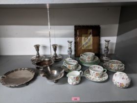 A mixed lot to include Minton Haddon Hall part tea set, pair of Dresden candlesticks, mixed silver