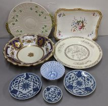 A mixed lot to include three 19th century Chinese provincial dishes, Belleek and other items