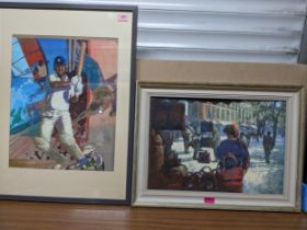 John Chamberlain - Sports Stars - oil painting depicting a cricketer, wind surfer, skiers, and a