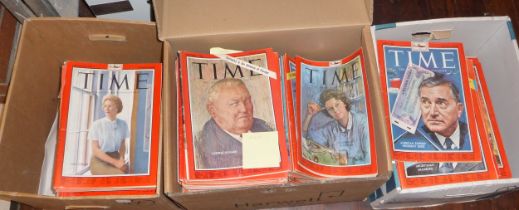 Three boxes of over 250 Time Magazines mainly from the 1950’s and 1960’s includes numerous world