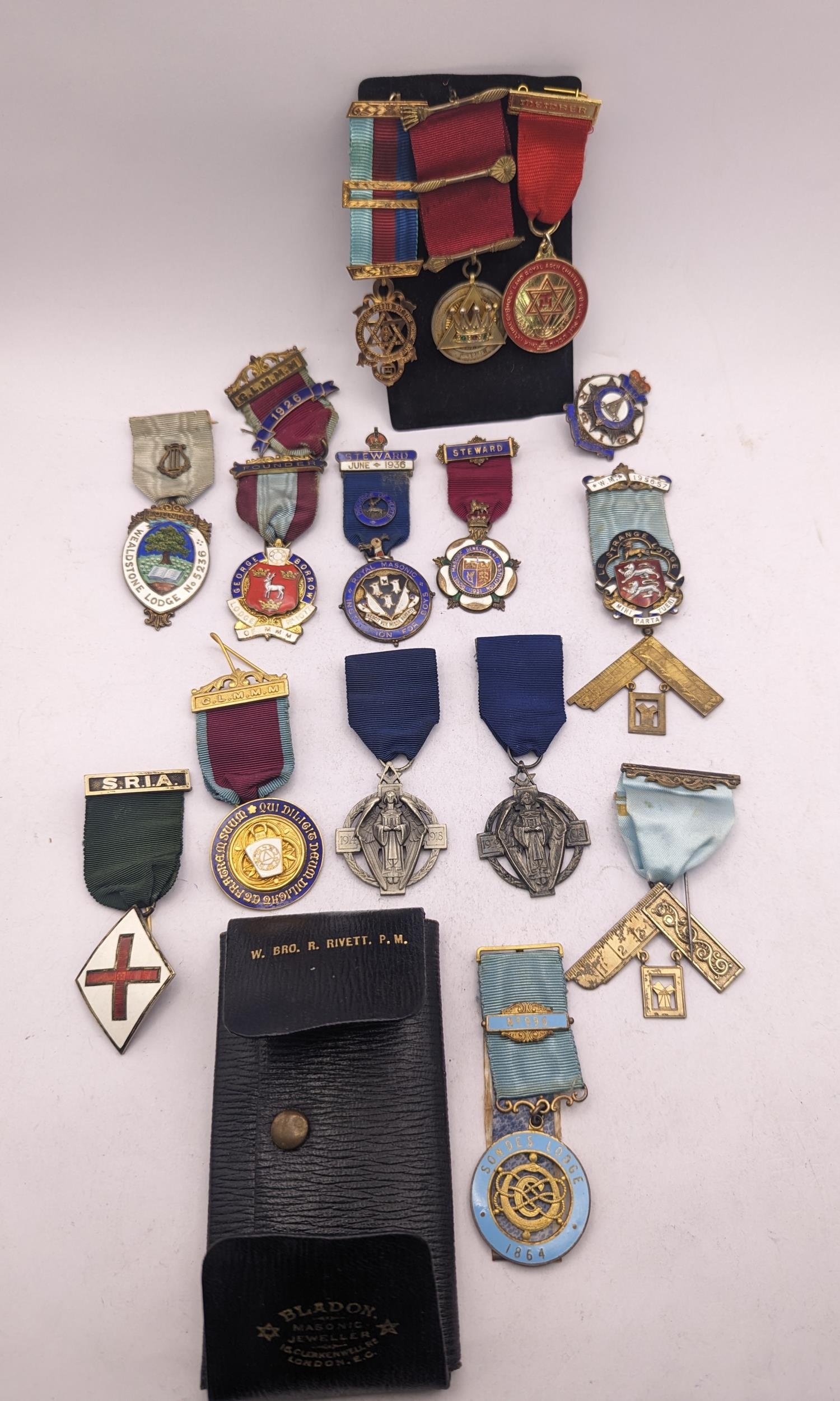 A collection of silver gilt and enamel Masonic medals to include 1914-1918 examples, Steward and