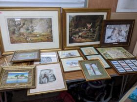 A quantity of framed and glazed prints, embroideries, and others to include two 1960s/70s Chinese