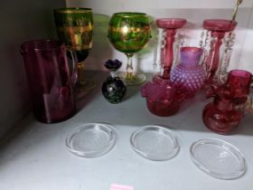 A selection of glassware to include Victorian and later cranberry glass, two Venetian jewelled glass