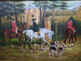 A modern oil painting on canvas of huntsmen and hounds leaving a country estate for the chase,