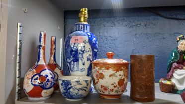 Chinese and Japanese items to include a Kutani lidded pot, Chinese blue and white table lamp,