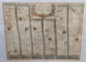 A late 17th century map entitled The Road from London to Yarmouth by John Ogilby, 44.5cm 35cm framed