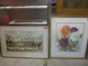 Derek Eastoe - a river scene watercolour 30.5cm x 53cm, and M Lewis - a still life of flowers 40cm x