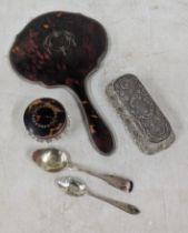 Silver to include a tortoiseshell mirror pin pot, two teaspoons and a silver lidded dressing table