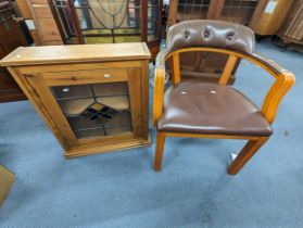A pine frosted and stained glass glazed front cabinet, together with a contemporary office chair