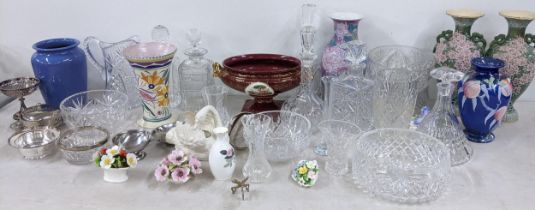 A mixed lot to include a Shelley Peach lustre vase, two Japanese Satsuma vases, cut glass decanters,