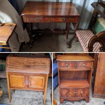 A reproduction mahogany sofa table together with a bureau and a side cabinet Location: