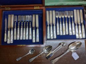 A group of silver and silver plated flatware to include a Georgian Kings pattern tablespoon, two