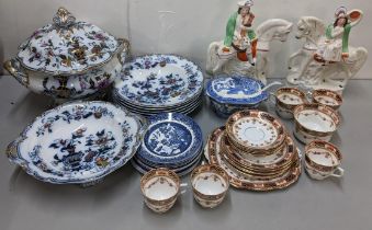 A mixed lot to include Imperial Stone tureen and matching plates, Staffordshire flatbacks, part