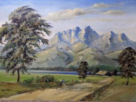 Vallery - Continental landscape with figure seated by a road leading to a lakeside cabin with