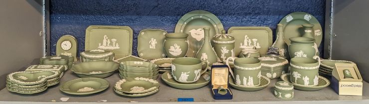 Wedgwood Jasparware green sage, to include miniature vase, lidded pots, ashtrays, thimbles, a
