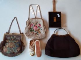 Vintage accessories comprising 1920-40's bags to include a 1940's brown suede occasional bag, a