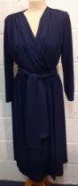 A late 1970's Trina Lewis & Marjon Couture navy wrap-around dress with plunge neckline, UK size