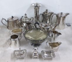 Mixed silver plate to include a trumpet vase, teapot, mustard pot and other items Location: