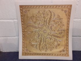 A 20th Century Chinese silk panel having a gold silk ground with brown, pink and cream silk thread