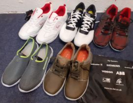 A quantity of unworn gents trainers, golf shoes and lounge shoes to include a pair of white Woodworm