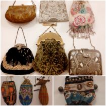 A collection of mid 19th Century and later evening bags to include a mid 19th Century crotchet