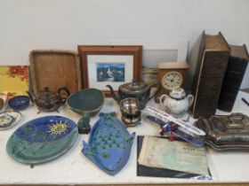 Mixed items to include a three piece tea set and silver plated entree dish, studio potter, bibles