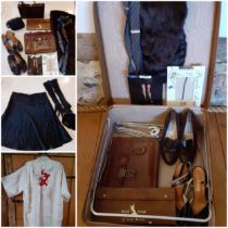 A mid 20th Century brown weekend suitcase and contents to include a leather music satchel, 2 pairs