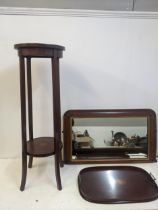 Edwardian inlaid mahogany furniture to include a twin handled tray, an overmantel mirror and a plant