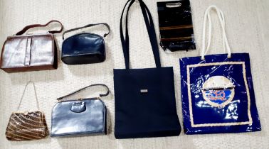 A group of mid 20th Century handbags to include a Mappin & Webb brown lizard handbag and a gold tone