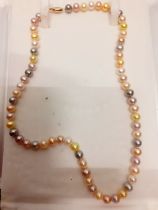 A string of Uyeda coloured simulated pearls having a 14ct gold clasp stamped 14k in a branded fabric