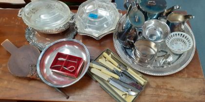 Silver plate to include a tea set, tureens, a tray, knives and bellows Location: A2B
