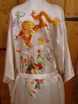 A 20th Century Chinese 'Golden Bee' white silk embroidered kimono style gown with belt, never