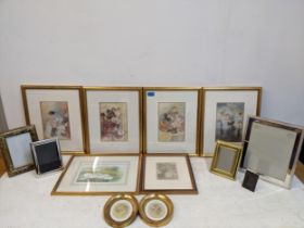 Prints, a watercolour and various photograph frames to include a signed watercolour of a group of