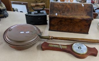 A mixed lot to include a 19th century cast iron coal iron, burr walnut box, barometer, and a warming