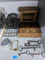 A mixed lot to include a wooden egg cabinet with chicken wire grill front, inlaid wooden box,