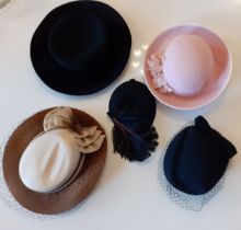 A group of 5 vintage hats to include a late 20th Century Laura Ashley black felt hat with velvet bow