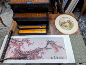 Collectables to include a truncheon, a Japanese scroll tapestry, a WJ King watercolour Taupe