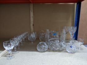 A lot of cut table glass to include Royal Brierley small wines, Edinburgh Crystal, Rogaska cut and