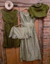 Two 1960's bespoke silk and satin cocktail dresses, 32" chest in tones of green with additional bead