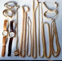 A quantity of pearl necklaces and watches to include a ladies Philip Mercier gold tone cocktail