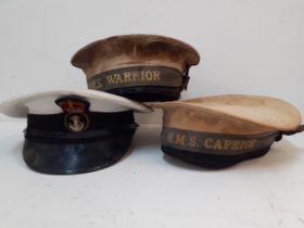 Three vintage naval caps A/F to include HMS Warrior and HMS Capri. Location:BWR