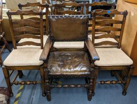 A set pf five reproduction oak ladder back dinning chairs together with an oak 17th century style