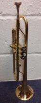 A Jupiter gold tone trumpet, model no:JTR-300, having 3 finger buttons with 2 pearlised discs