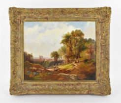 Continental School, 19th century depicting a pastoral scene with pedestrians on a stone path by a