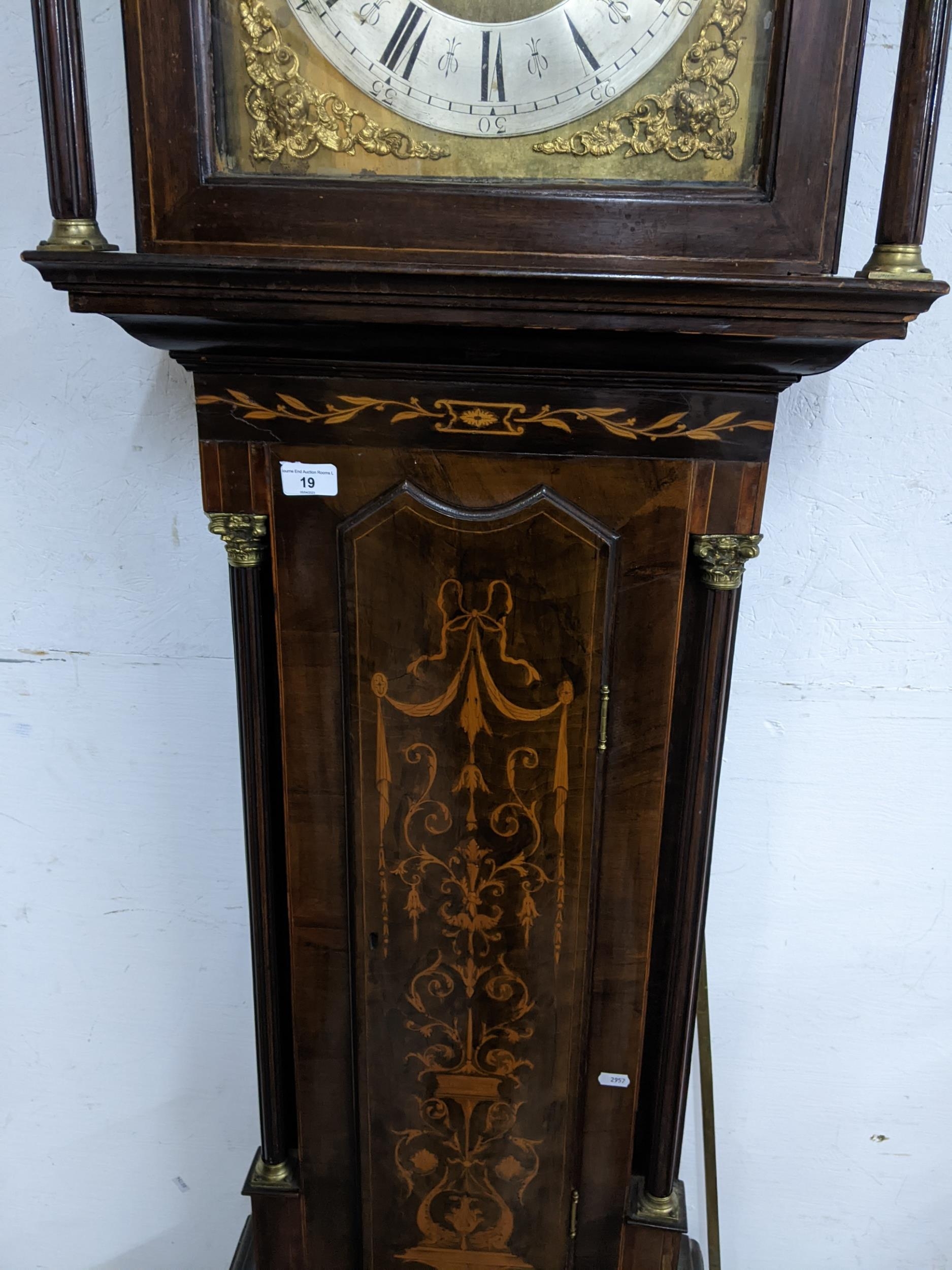A George III mahogany musical longcase clock, the case having a broken swan neck pediment, marquetry - Image 4 of 10
