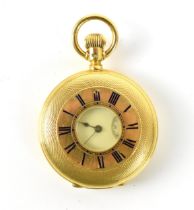 A Waltham Riverside, late 19th century, 18ct gold half hunter fob watch, the engine turned case